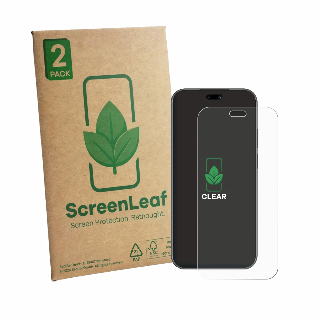 Vorderseite einer Produktverpackung mit dem Markenlogo ScreenLeaf. Daneben ist das Gerät Huawei Nova 16 Pro mit dem zugehörige