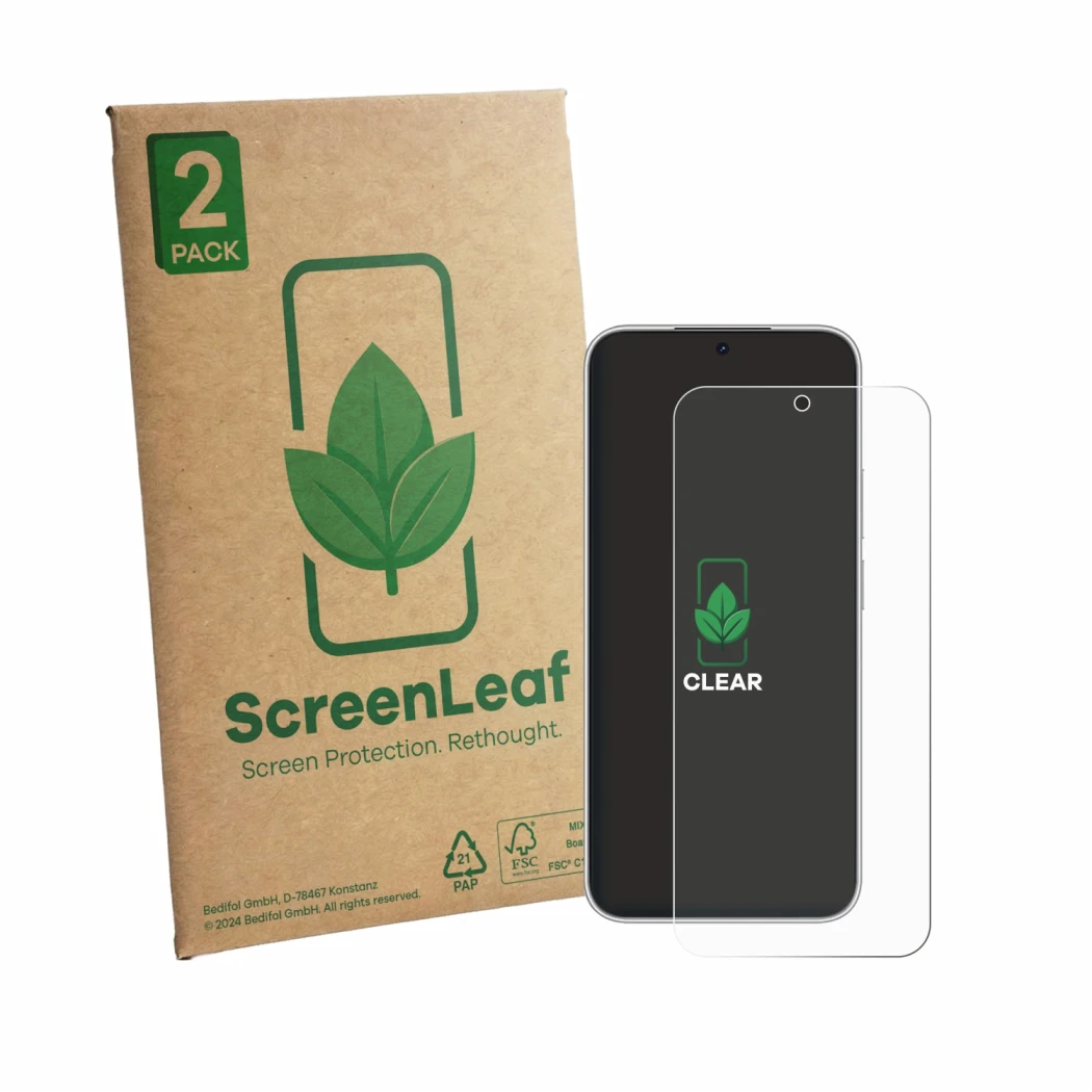 Vorderseite einer Produktverpackung mit dem Markenlogo ScreenLeaf. Daneben ist das Gerät Huawei Nova 16z mit dem zugehörigen D