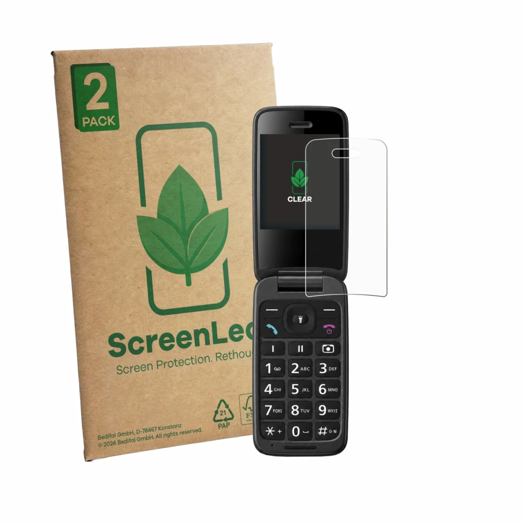 Vorderseite einer Produktverpackung mit dem Markenlogo ScreenLeaf. Daneben ist das Gerät Panasonic KX-TU410 mit dem zugehörige