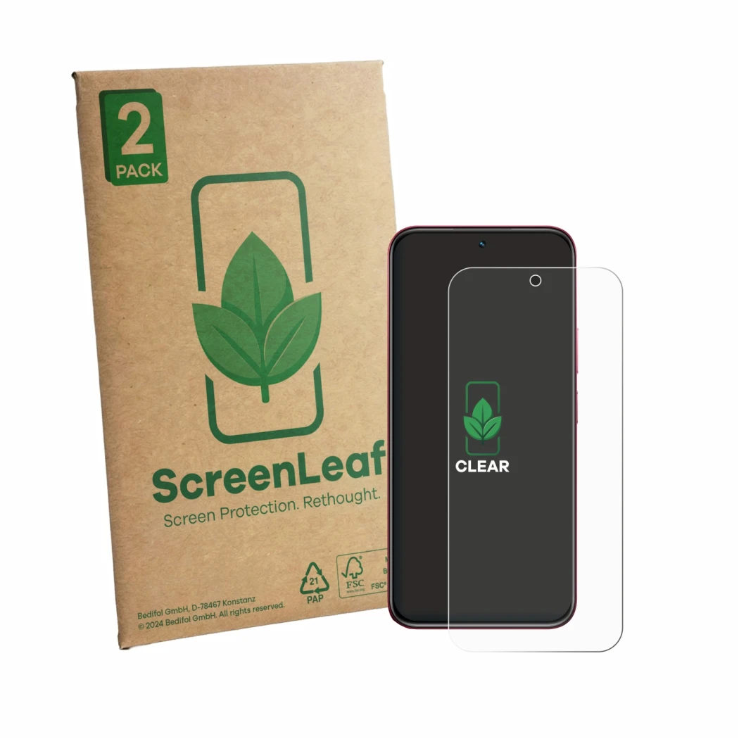 Vorderseite einer Produktverpackung mit dem Markenlogo ScreenLeaf. Daneben ist das Gerät realme 15x mit dem zugehörigen Displa