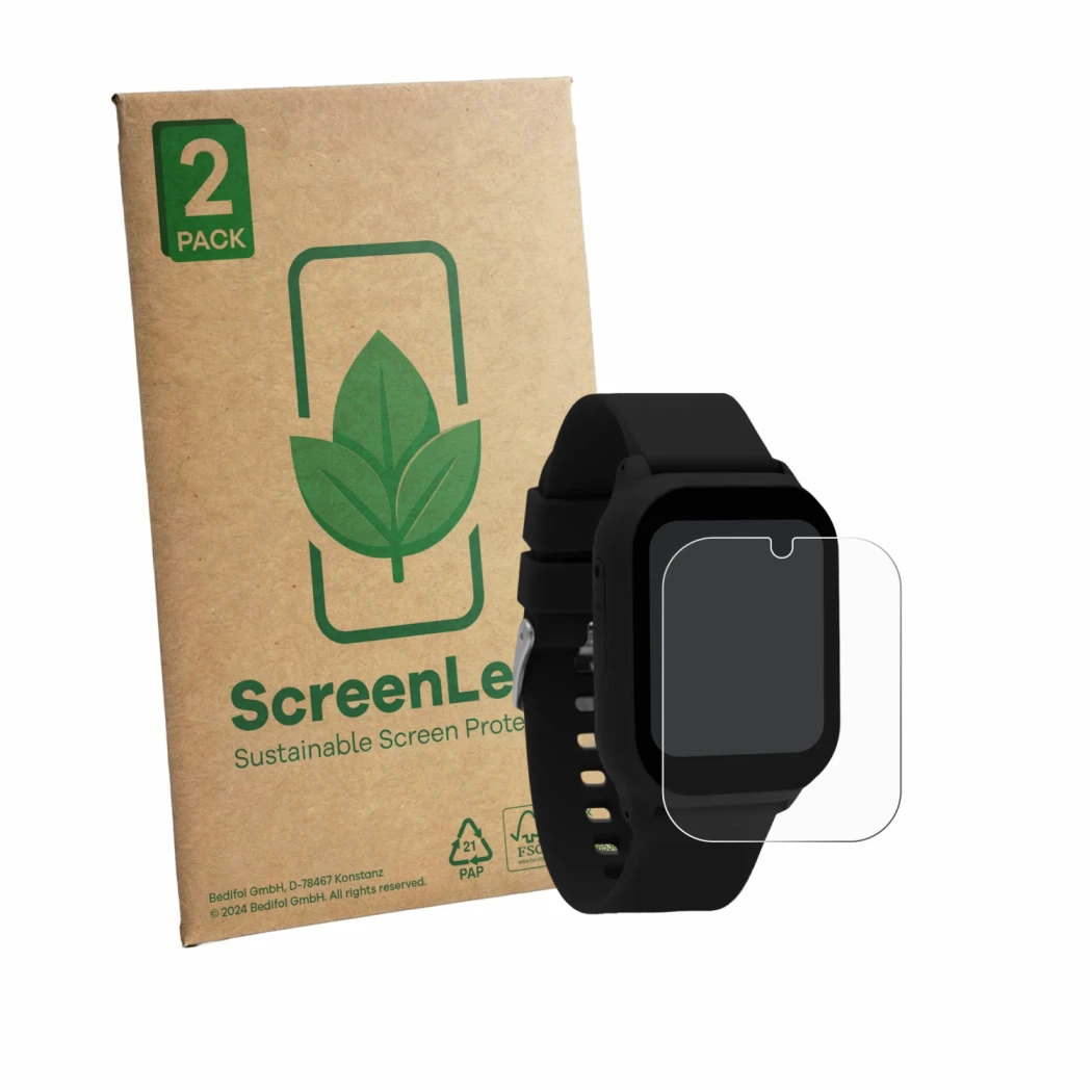 Vorderseite einer Produktverpackung mit dem Markenlogo ScreenLeaf. Daneben ist das Gerät One2Track Connect You mit dem zugehör
