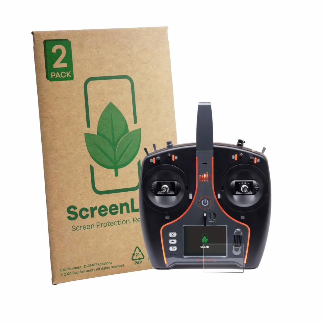 Vorderseite einer Produktverpackung mit dem Markenlogo ScreenLeaf. Daneben ist das Gerät Spektrum NX7e Plus mit dem zugehörige