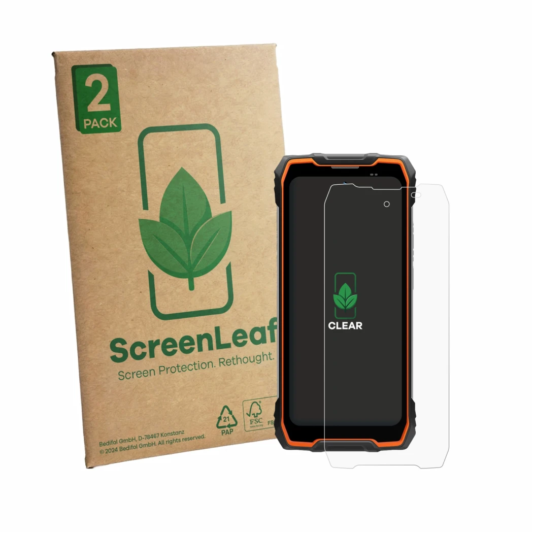 Vorderseite einer Produktverpackung mit dem Markenlogo ScreenLeaf. Daneben ist das Gerät Blackview Rock 2 mit dem zugehörigen 