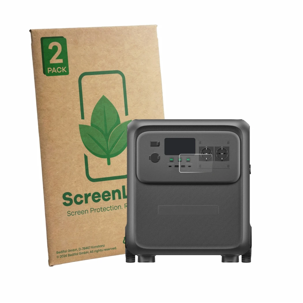 Vorderseite einer Produktverpackung mit dem Markenlogo ScreenLeaf. Daneben ist das Gerät Bluetti Elite 400 mit dem zugehörigen