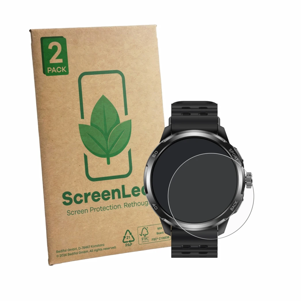 Vorderseite einer Produktverpackung mit dem Markenlogo ScreenLeaf. Daneben ist das Gerät Ulefone Armor Watch Pro mit dem zugeh