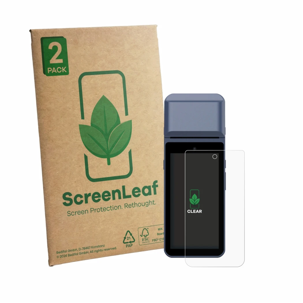 Vorderseite einer Produktverpackung mit dem Markenlogo ScreenLeaf. Daneben ist das Gerät Pax M9200 mit dem zugehörigen Display