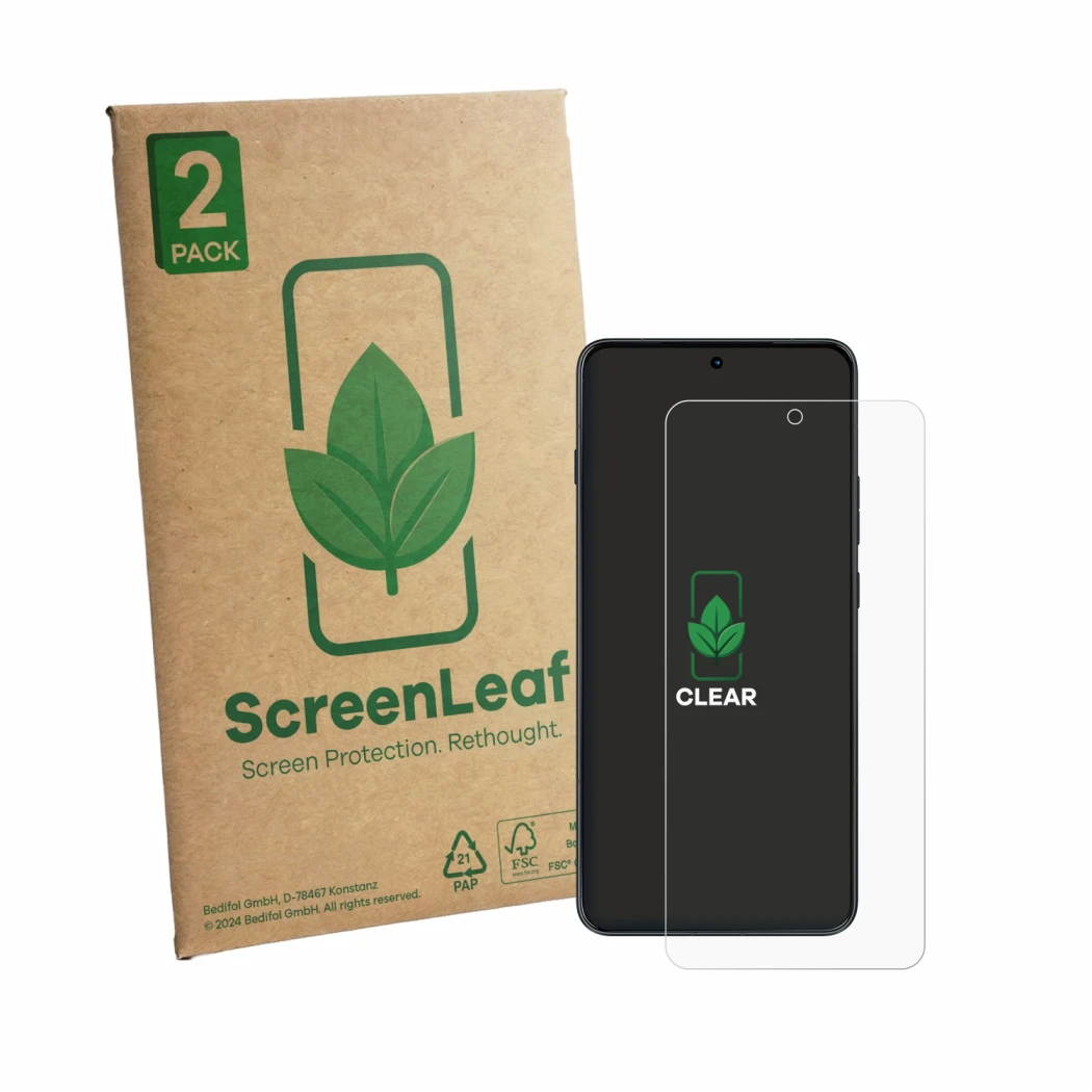 Vorderseite einer Produktverpackung mit dem Markenlogo ScreenLeaf. Daneben ist das Gerät Motorola Edge 70 Max mit dem zugehöri