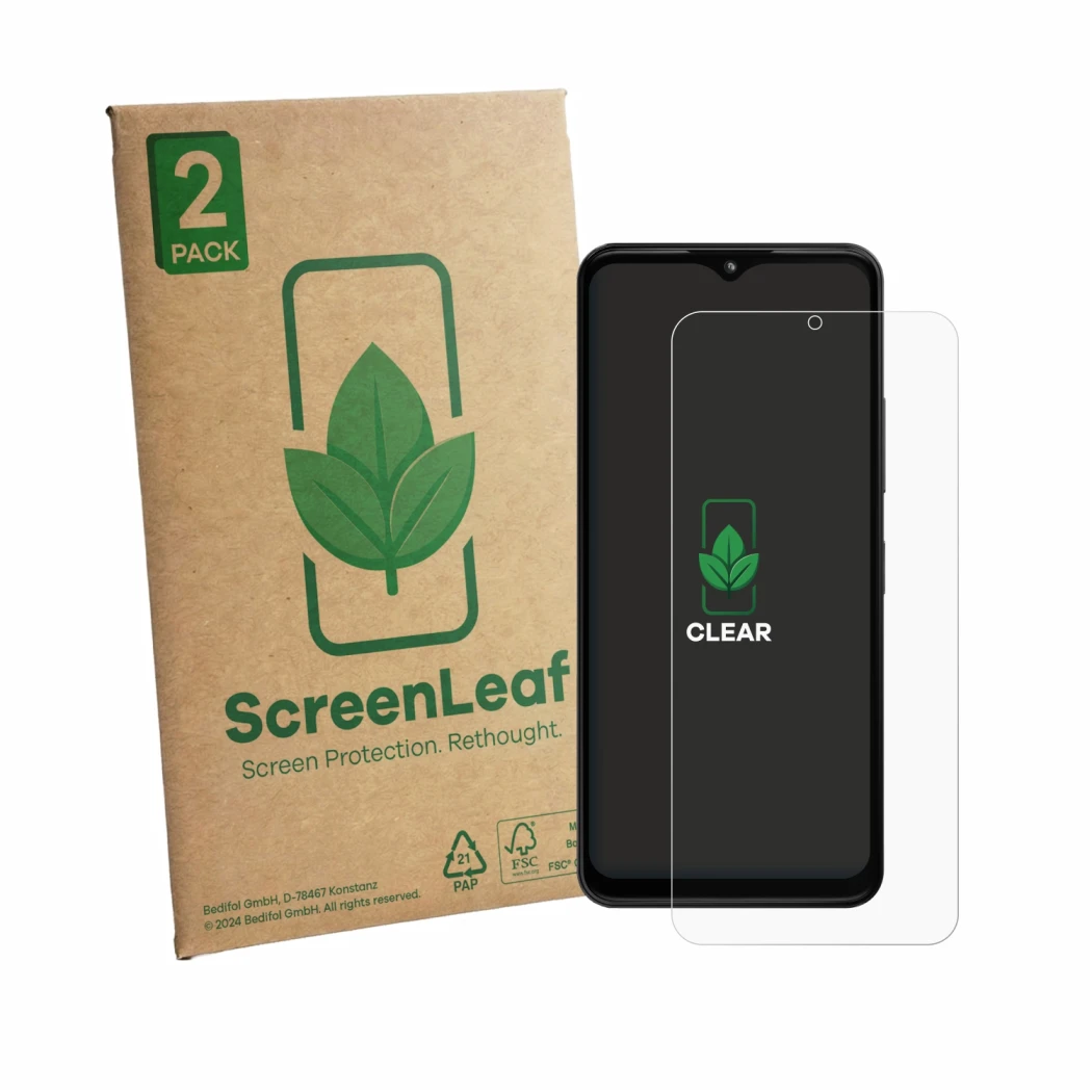 Vorderseite einer Produktverpackung mit dem Markenlogo ScreenLeaf. Daneben ist das Gerät HMD Arc mit dem zugehörigen Displaysc