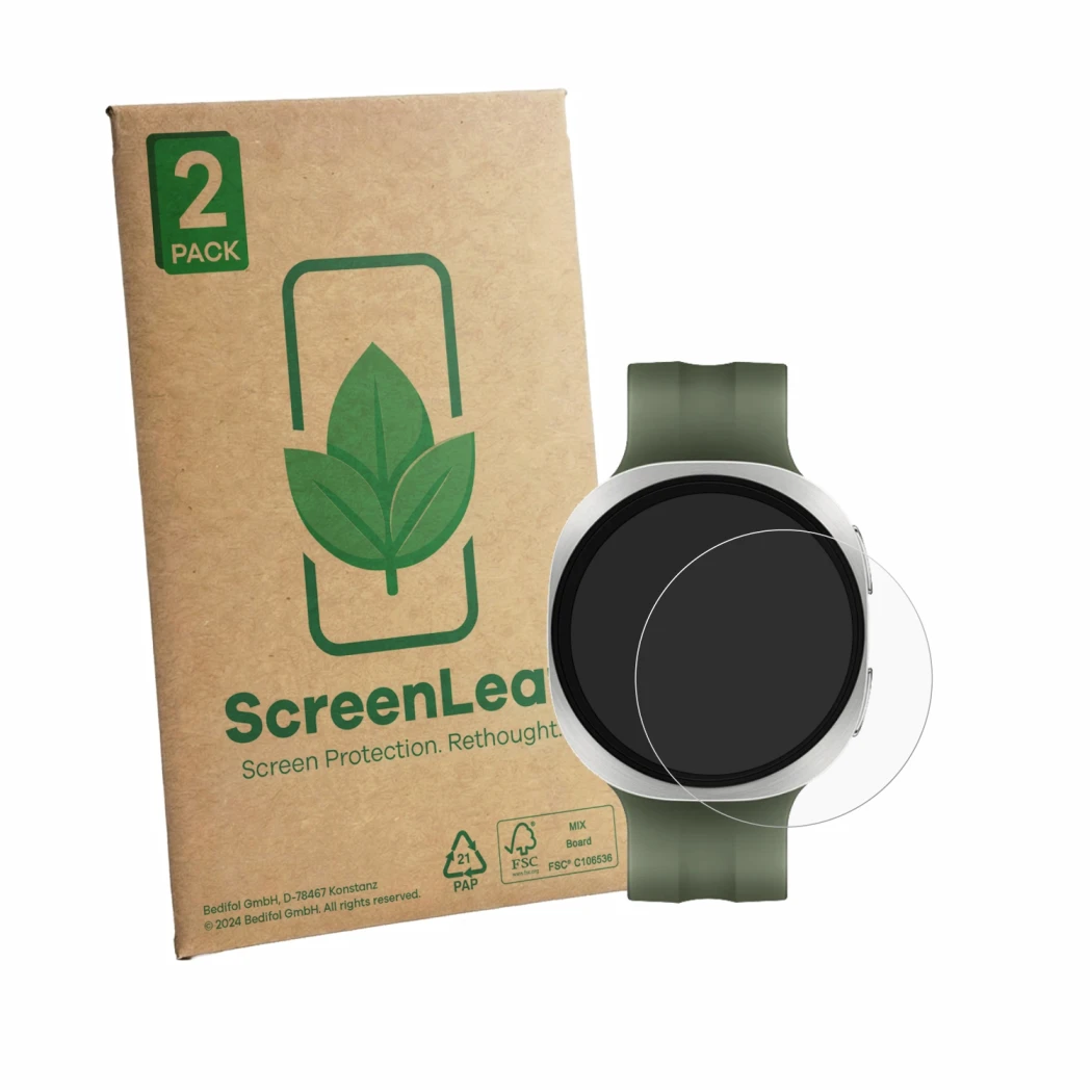 Vorderseite einer Produktverpackung mit dem Markenlogo ScreenLeaf. Daneben ist das Gerät Samsung Galaxy Watch 9 (40 mm) mit de