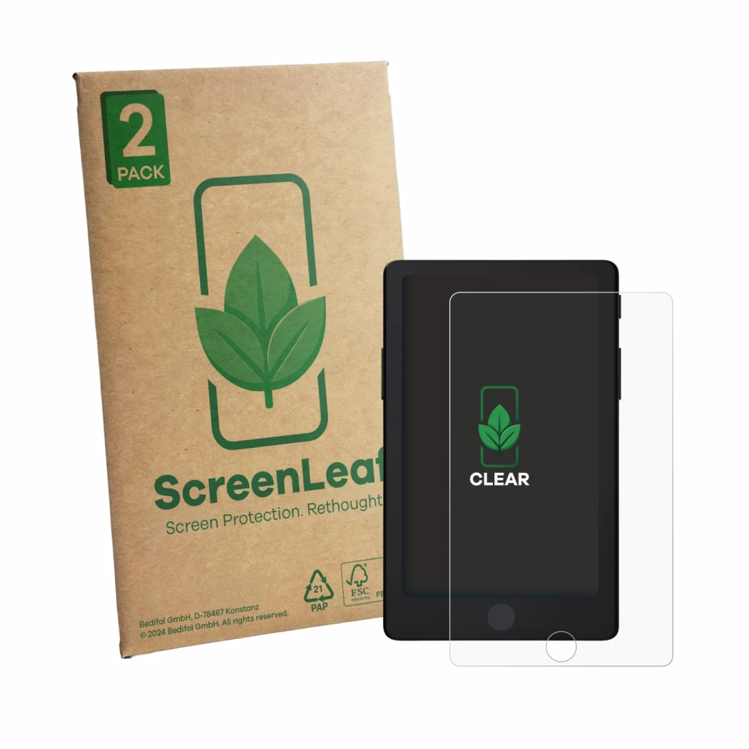 Vorderseite einer Produktverpackung mit dem Markenlogo ScreenLeaf. Daneben ist das Gerät Xteink X4 Pro mit dem zugehörigen Dis