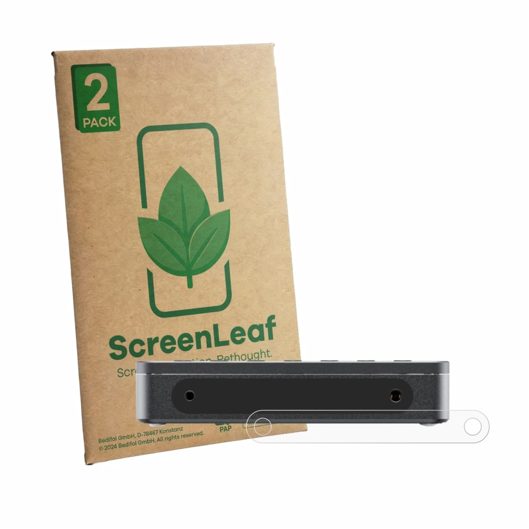 Vorderseite einer Produktverpackung mit dem Markenlogo ScreenLeaf. Daneben ist das Gerät FiiO DM13 BT mit dem zugehörigen Disp