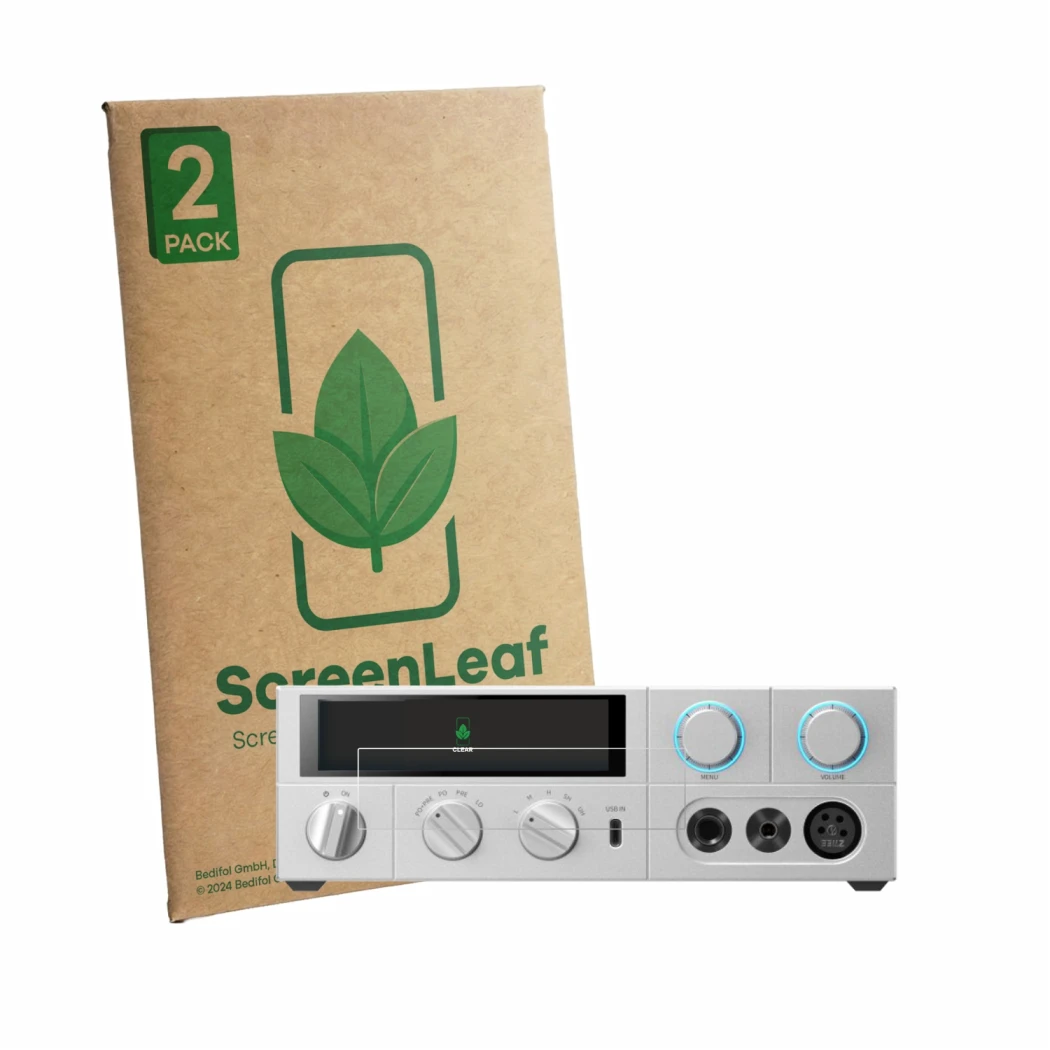 Vorderseite einer Produktverpackung mit dem Markenlogo ScreenLeaf. Daneben ist das Gerät FiiO K15 mit dem zugehörigen Displays