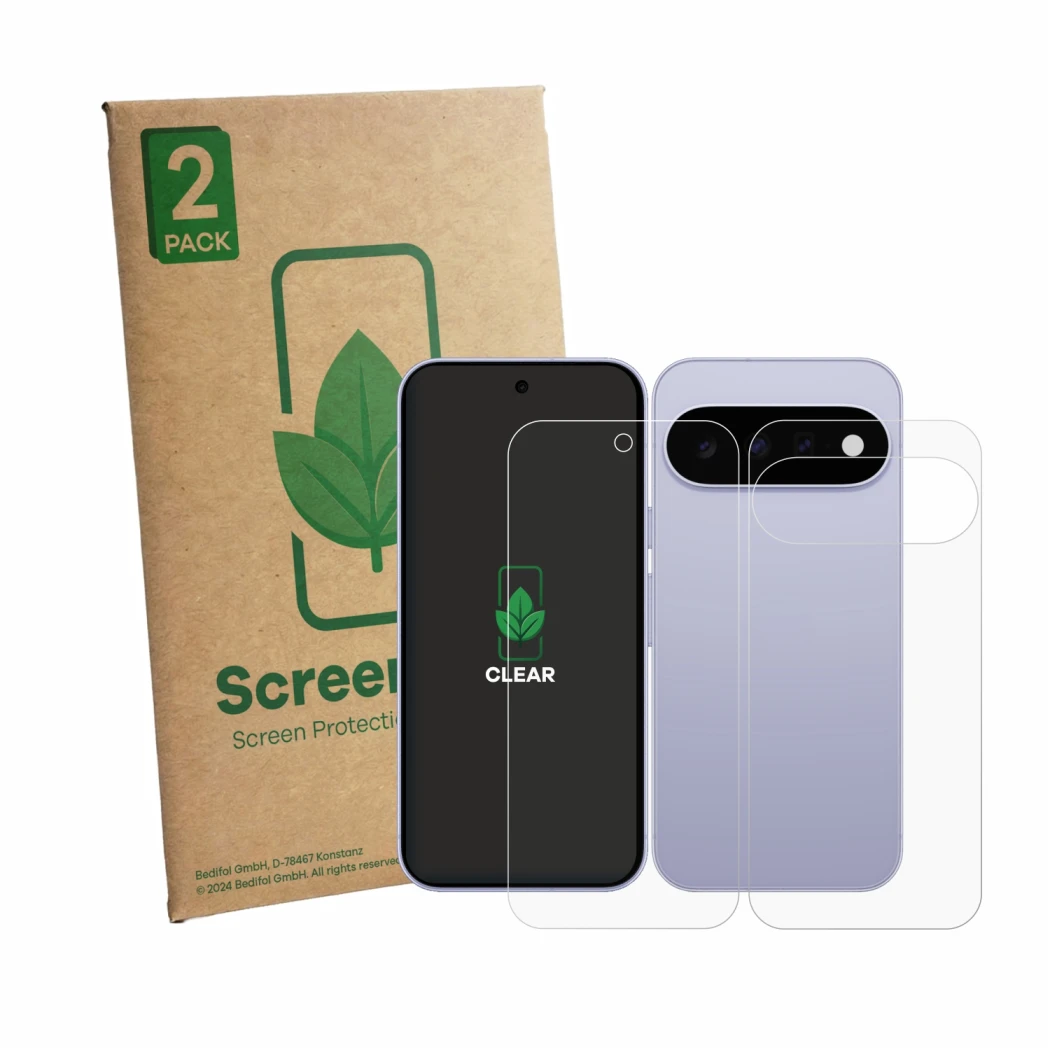 Vorderseite einer Produktverpackung mit dem Markenlogo ScreenLeaf. Daneben ist das Gerät Google Pixel 11 (Display+Rückseite) m