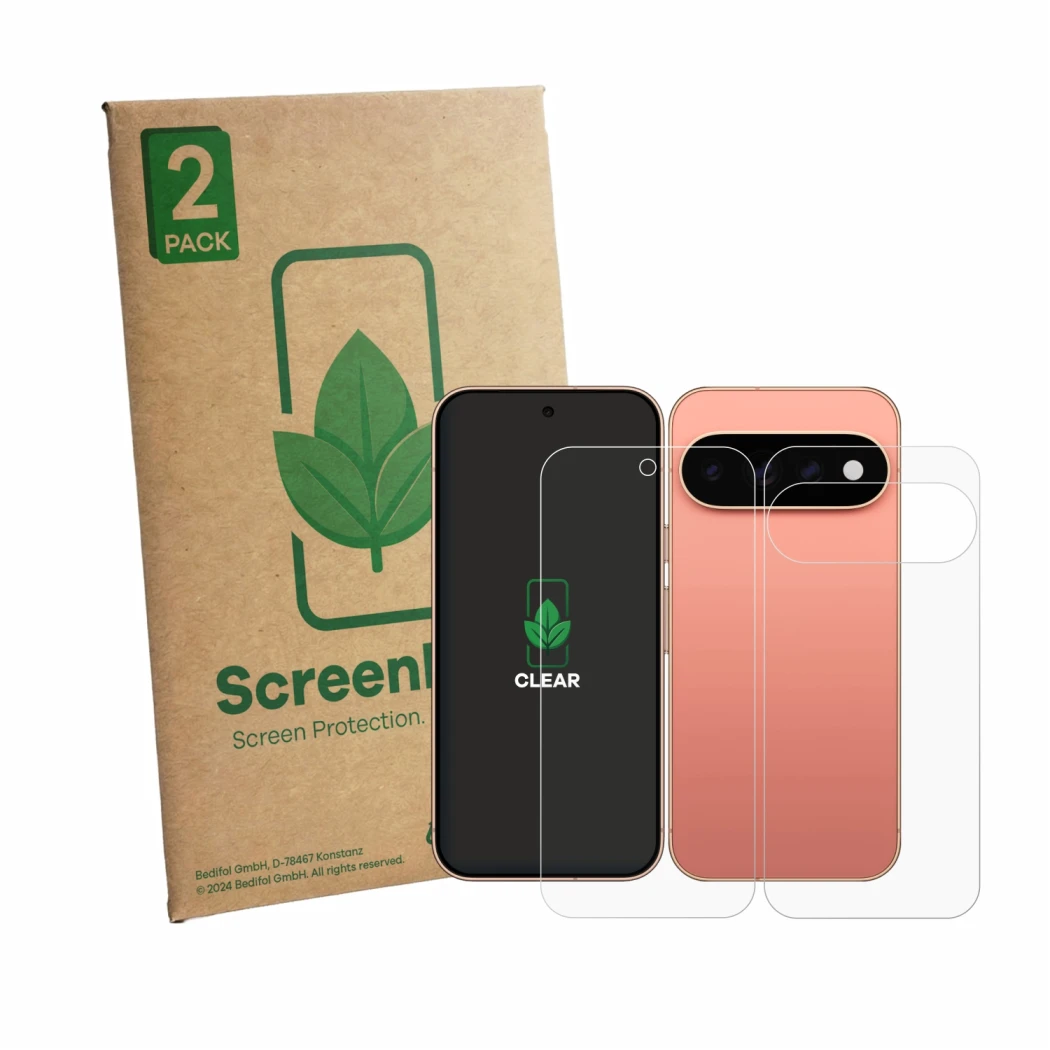 Vorderseite einer Produktverpackung mit dem Markenlogo ScreenLeaf. Daneben ist das Gerät Google Pixel 11 Pro (Display+Rückseit