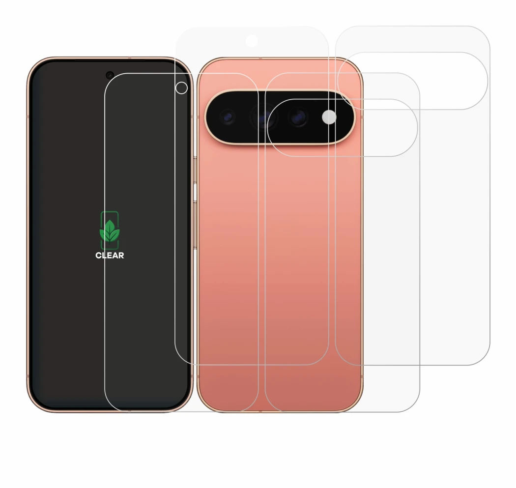 Abbildung des Geräts Google Pixel 11 Pro (Display+Rückseite) mit einer Vielzahl des Displayschutzes.