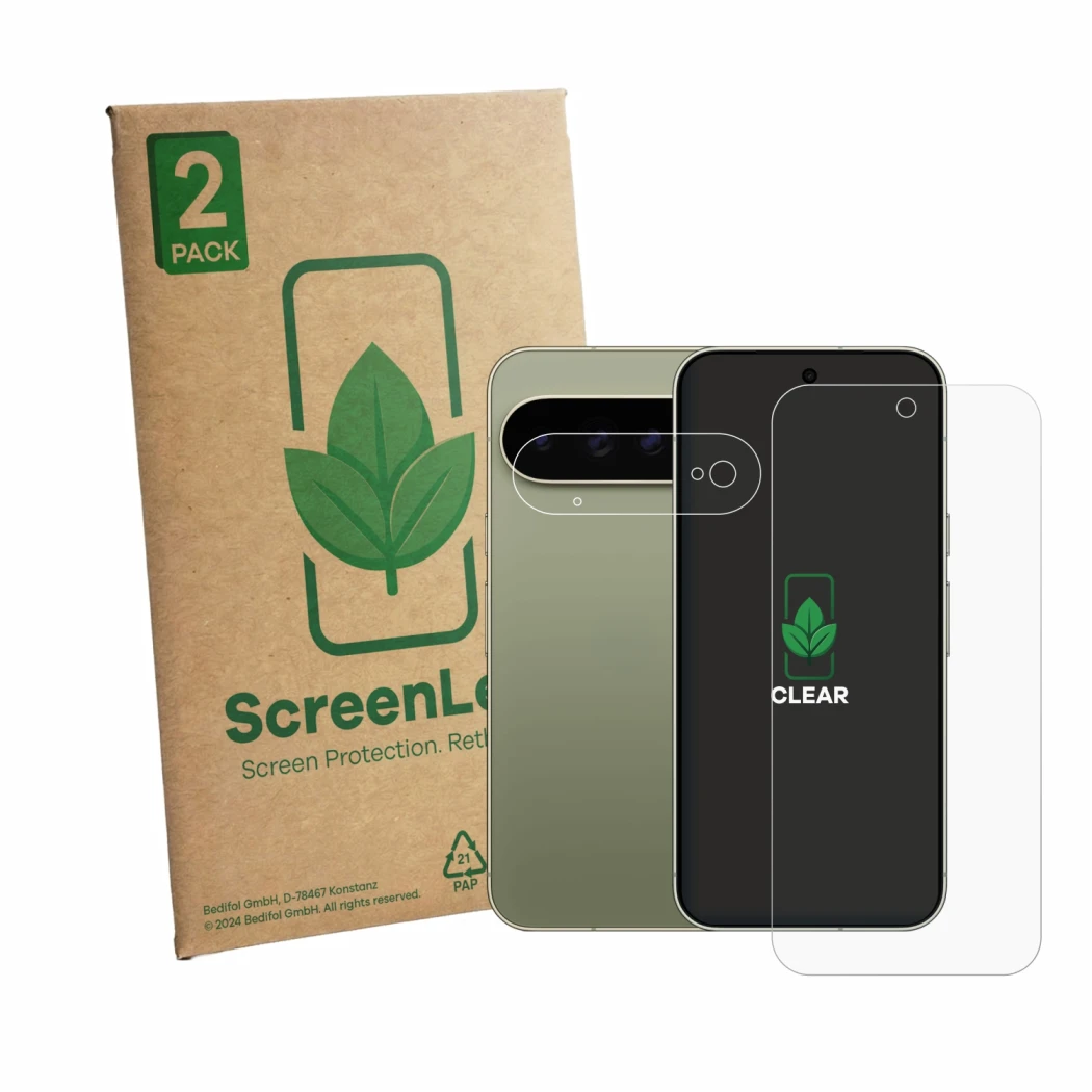 Vorderseite einer Produktverpackung mit dem Markenlogo ScreenLeaf. Daneben ist das Gerät Google Pixel 11 Pro XL (Display+Kamer