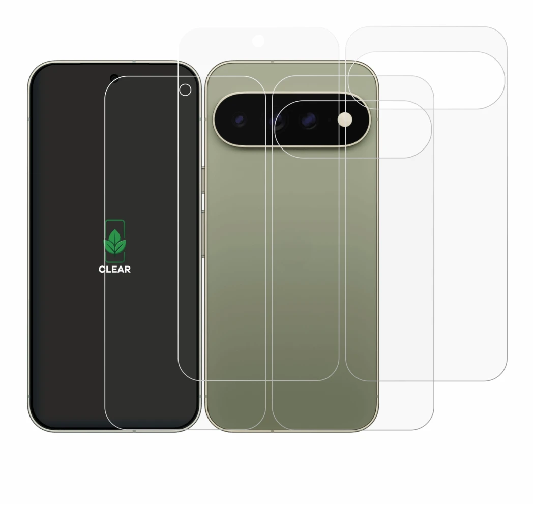 Abbildung des Geräts Google Pixel 11 Pro XL (Display+Rückseite) mit einer Vielzahl des Displayschutzes.