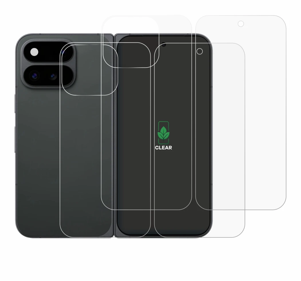 Abbildung des Geräts Google Pixel 11 Pro Fold (Display+Rückseite) mit einer Vielzahl des Displayschutzes.