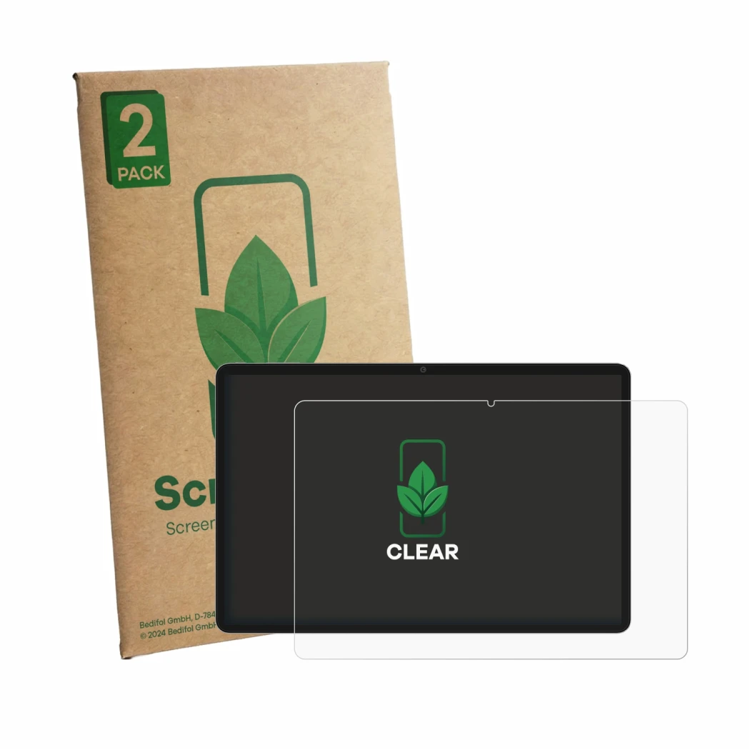 Vorderseite einer Produktverpackung mit dem Markenlogo ScreenLeaf. Daneben ist das Gerät Teclast M50T mit dem zugehörigen Disp