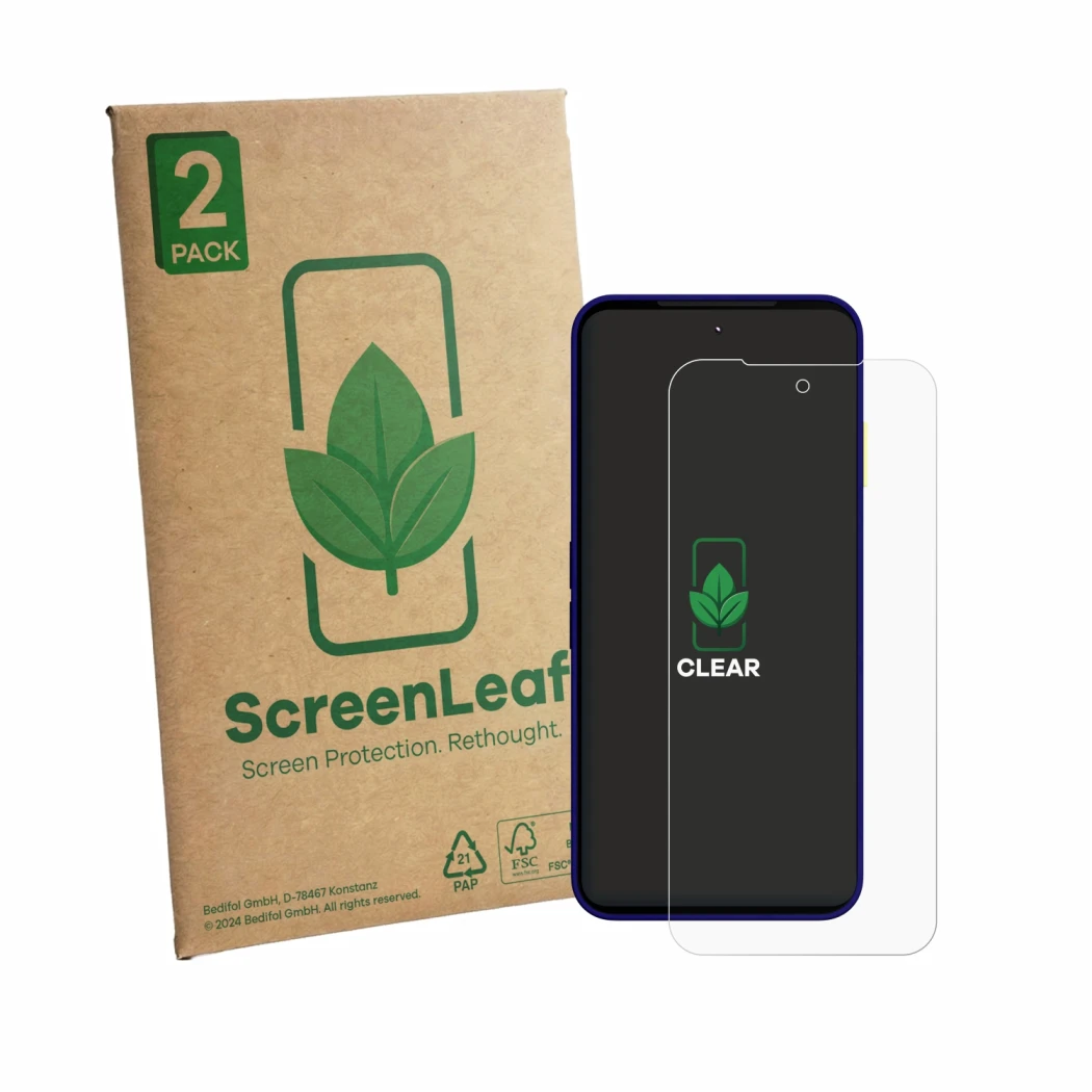 Vorderseite einer Produktverpackung mit dem Markenlogo ScreenLeaf. Daneben ist das Gerät Fairphone 6 Plus mit dem zugehörigen 