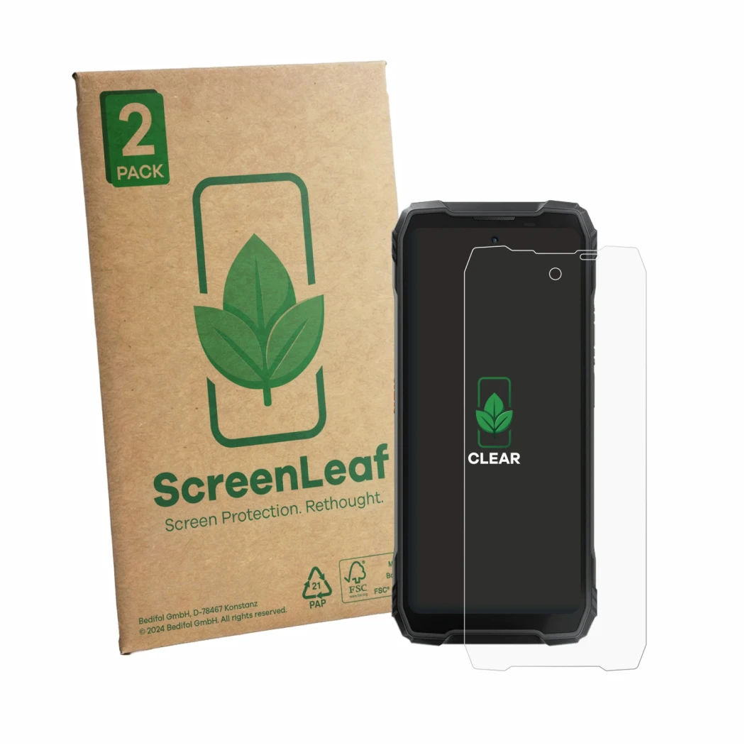 Vorderseite einer Produktverpackung mit dem Markenlogo ScreenLeaf. Daneben ist das Gerät Blackview Xplore X1 mit dem zugehörig