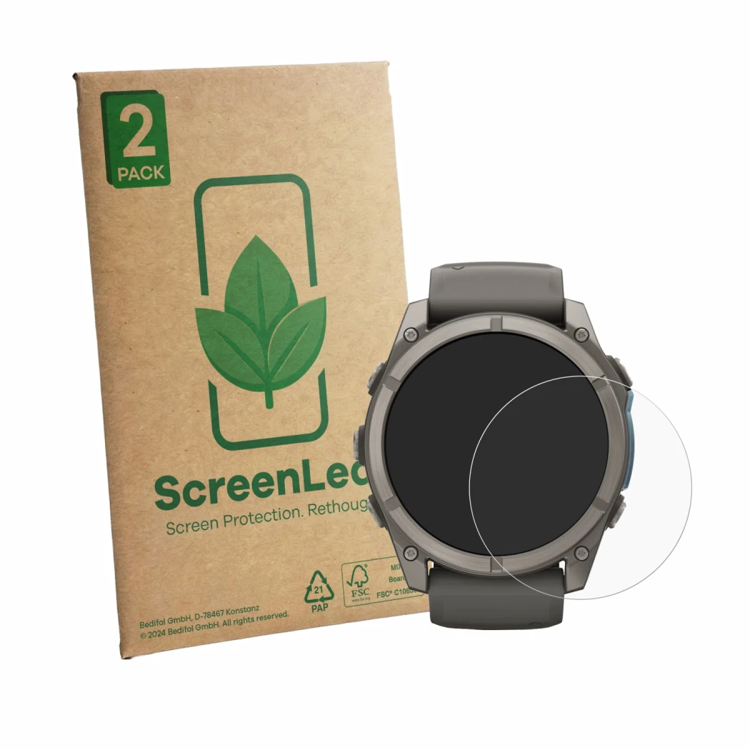 Vorderseite einer Produktverpackung mit dem Markenlogo ScreenLeaf. Daneben ist das Gerät Garmin Fenix 9 (51 mm) mit dem zugehö