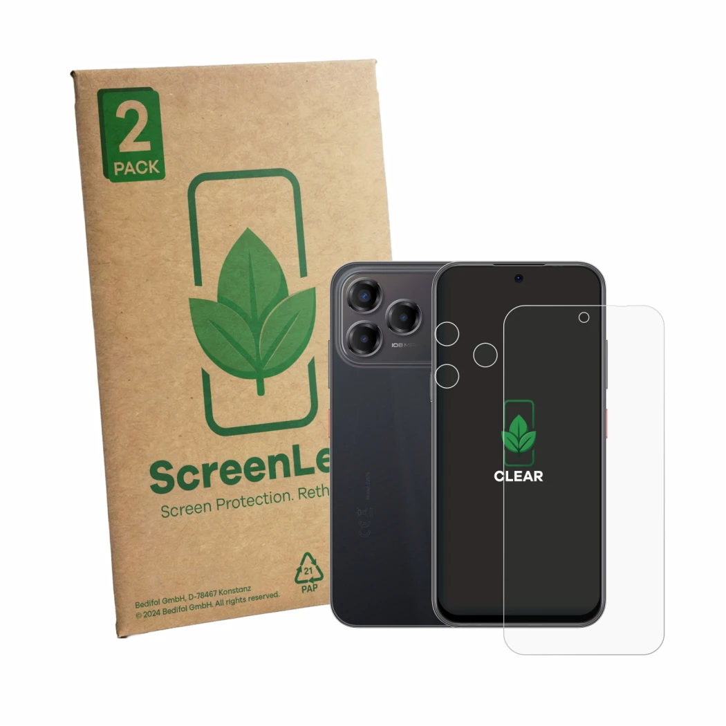 Vorderseite einer Produktverpackung mit dem Markenlogo ScreenLeaf. Daneben ist das Gerät ZTE Blade V80 Pro (Display+Kamera) mi