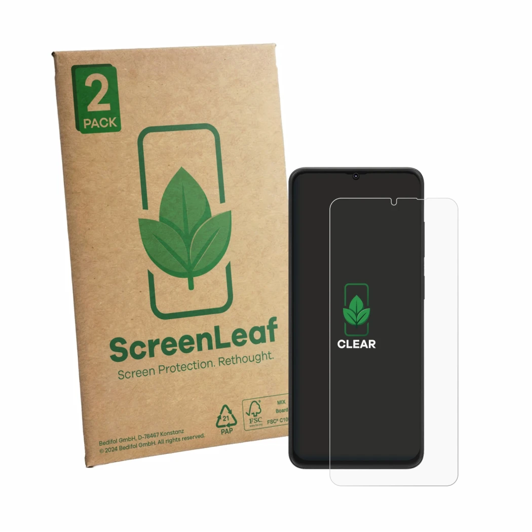 Vorderseite einer Produktverpackung mit dem Markenlogo ScreenLeaf. Daneben ist das Gerät Neow Safe mit dem zugehörigen Display