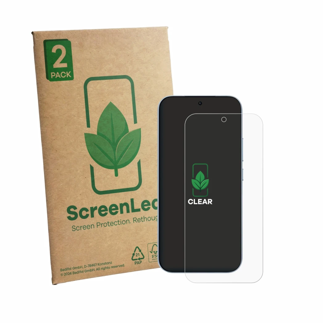 Vorderseite einer Produktverpackung mit dem Markenlogo ScreenLeaf. Daneben ist das Gerät Xiaomi 17T (case-friendly) mit dem zu