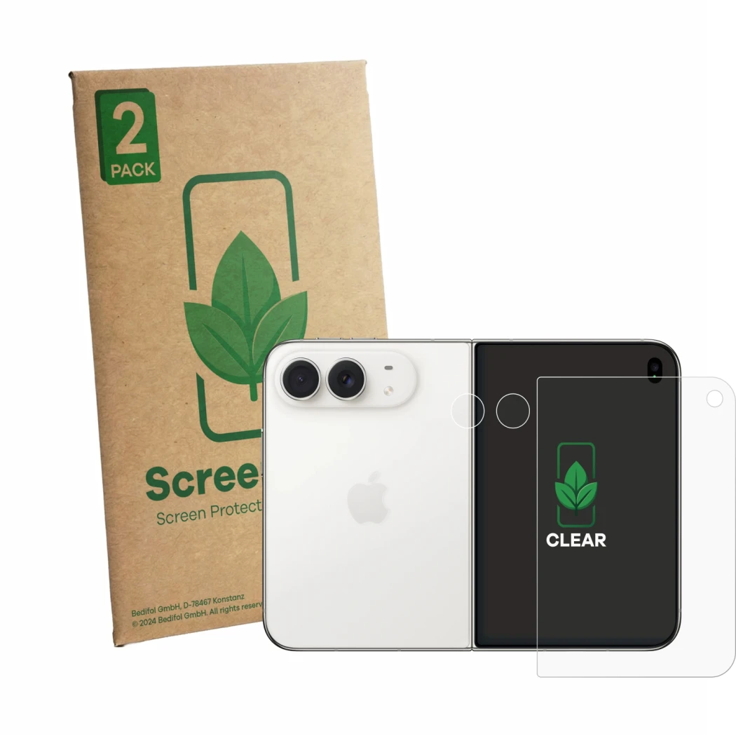 Vorderseite einer Produktverpackung mit dem Markenlogo ScreenLeaf. Daneben ist das Gerät Apple iPhone Duo (Display+Kamera) mit