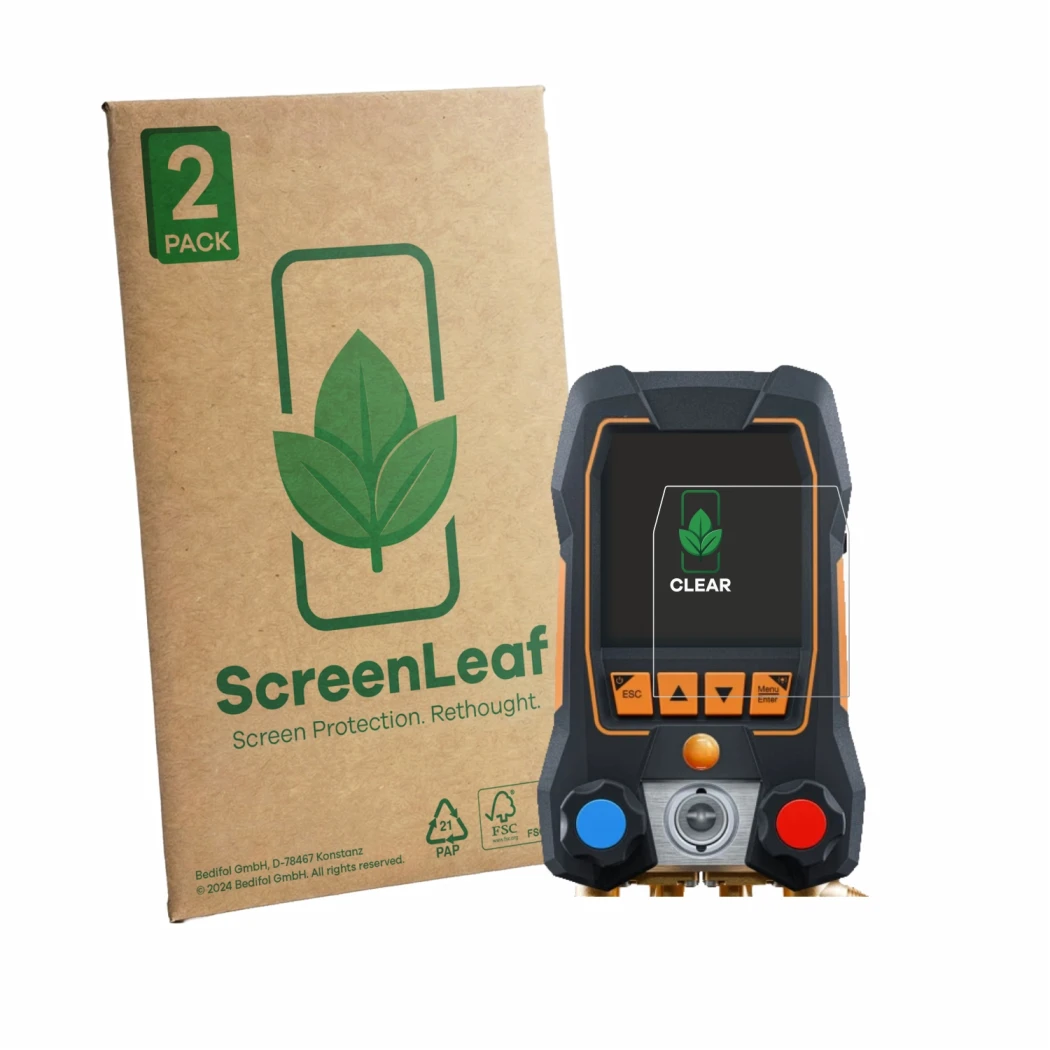 Vorderseite einer Produktverpackung mit dem Markenlogo ScreenLeaf. Daneben ist das Gerät Testo 558s mit dem zugehörigen Displa