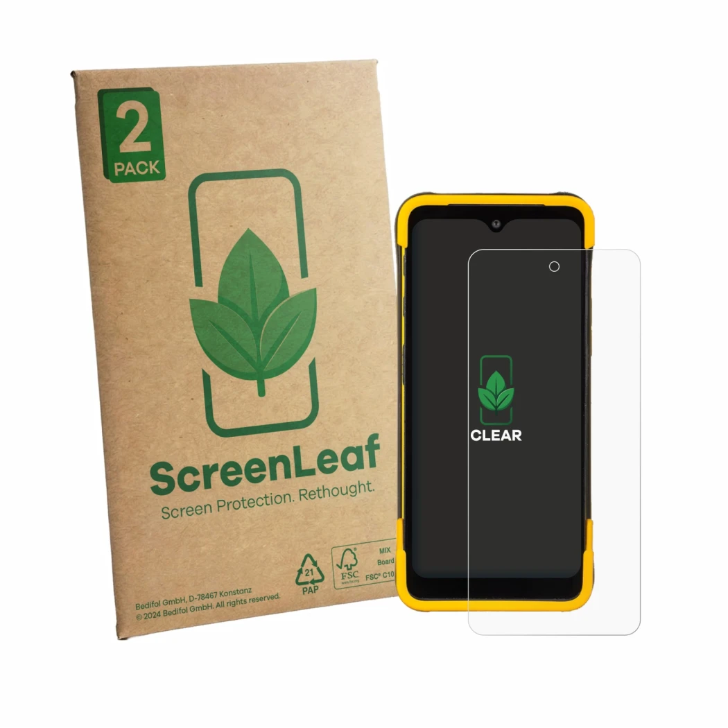 Vorderseite einer Produktverpackung mit dem Markenlogo ScreenLeaf. Daneben ist das Gerät Trimble TDC6 mit dem zugehörigen Disp