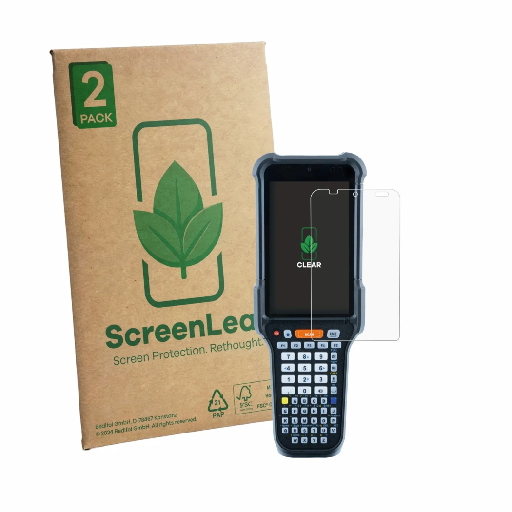 Vorderseite einer Produktverpackung mit dem Markenlogo ScreenLeaf. Daneben ist das Gerät Datalogic Falcon X65 mit dem zugehöri