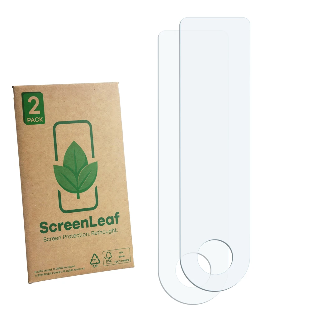 Vorderseite einer Produktverpackung mit dem Markenlogo ScreenLeaf. Daneben ist der zugehörige Displayschutz.