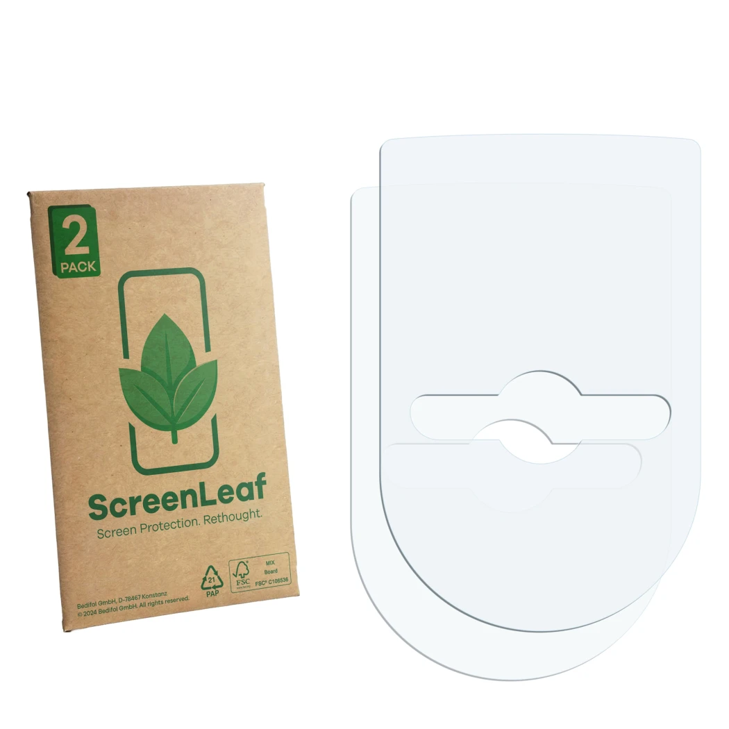 Vorderseite einer Produktverpackung mit dem Markenlogo ScreenLeaf. Daneben ist der zugehörige Displayschutz.