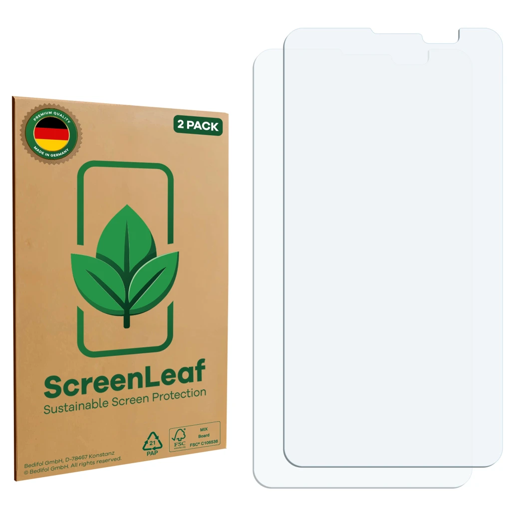 Vorderseite einer Produktverpackung mit dem Markenlogo ScreenLeaf. Daneben ist der zugehörige Displayschutz.