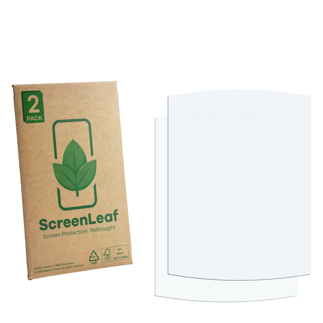 Vorderseite einer Produktverpackung mit dem Markenlogo ScreenLeaf. Daneben ist der zugehörige Displayschutz.