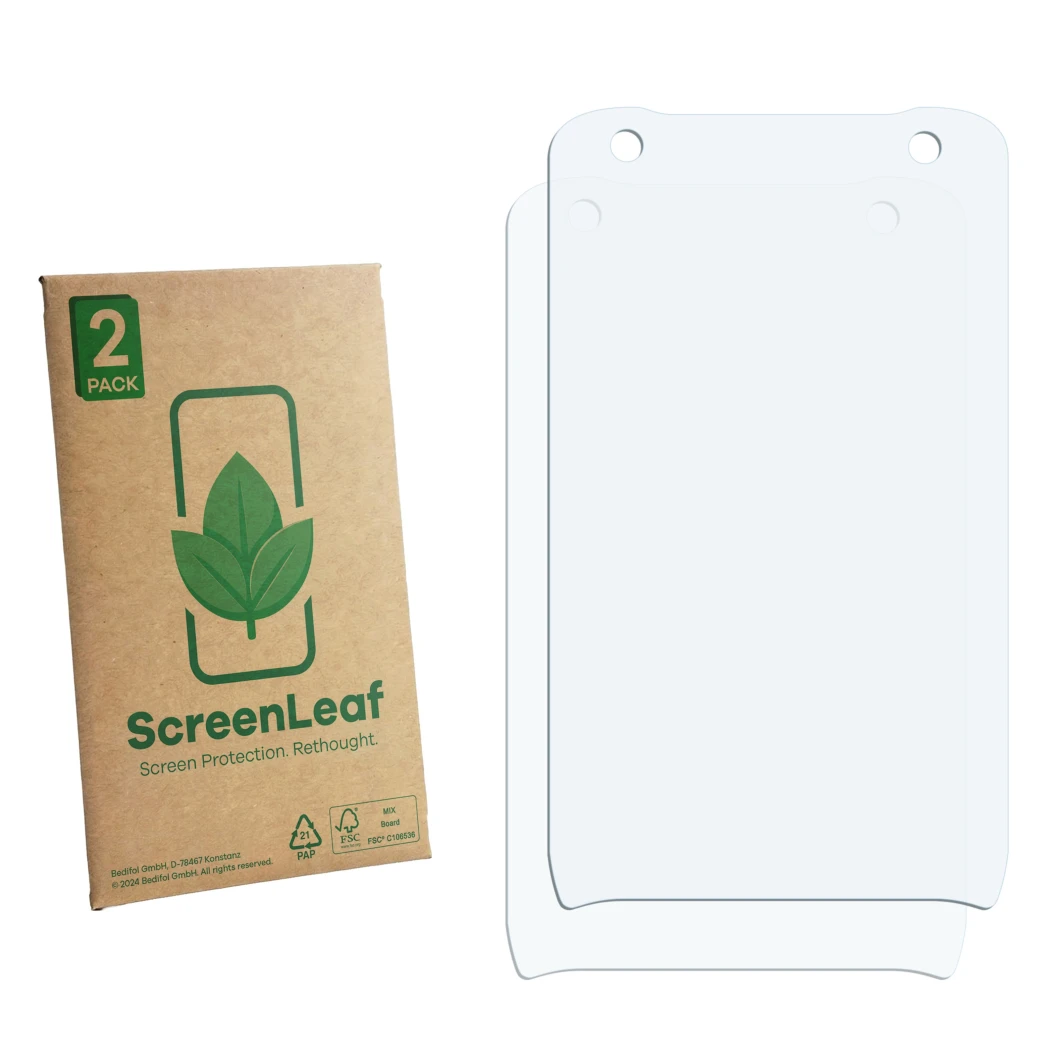 Vorderseite einer Produktverpackung mit dem Markenlogo ScreenLeaf. Daneben ist der zugehörige Displayschutz.