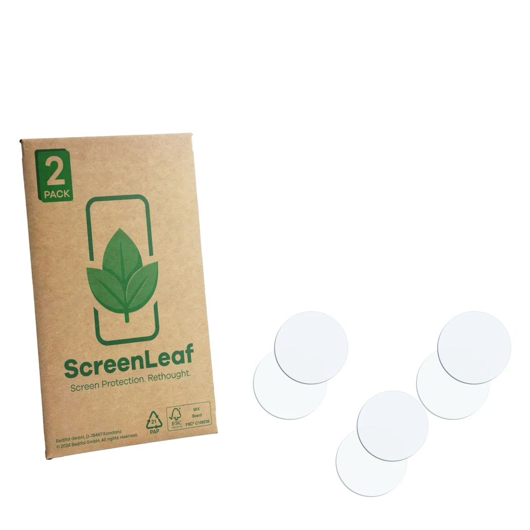 Vorderseite einer Produktverpackung mit dem Markenlogo ScreenLeaf. Daneben ist der zugehörige Displayschutz.