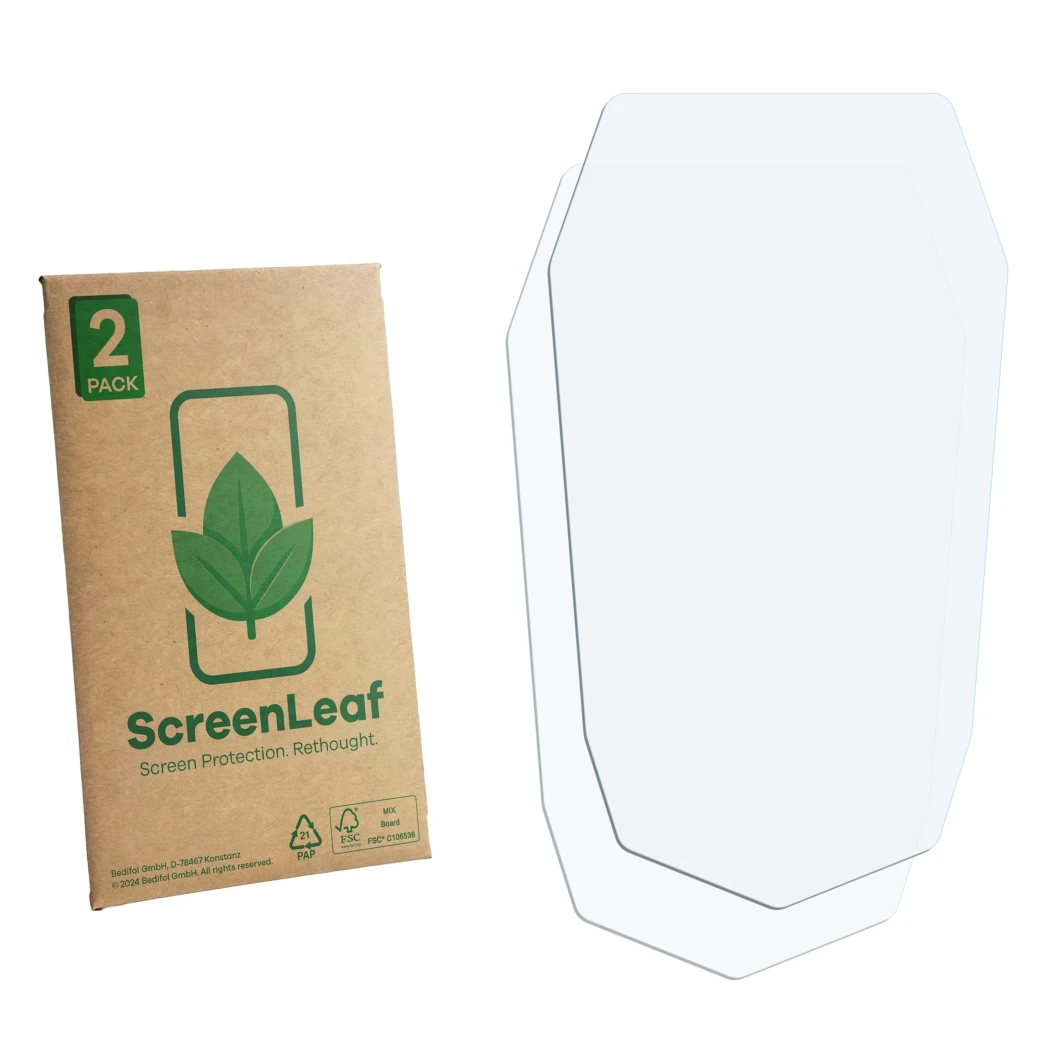 Vorderseite einer Produktverpackung mit dem Markenlogo ScreenLeaf. Daneben ist der zugehörige Displayschutz.