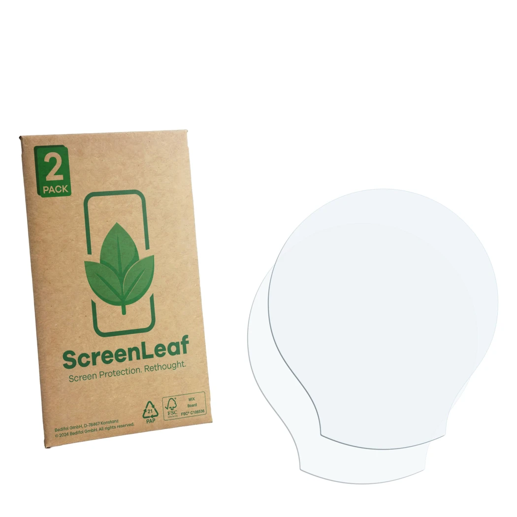 Vorderseite einer Produktverpackung mit dem Markenlogo ScreenLeaf. Daneben ist der zugehörige Displayschutz.