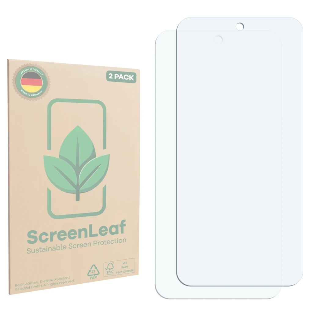 Vorderseite einer Produktverpackung mit dem Markenlogo ScreenLeaf. Daneben ist der zugehörige Displayschutz.