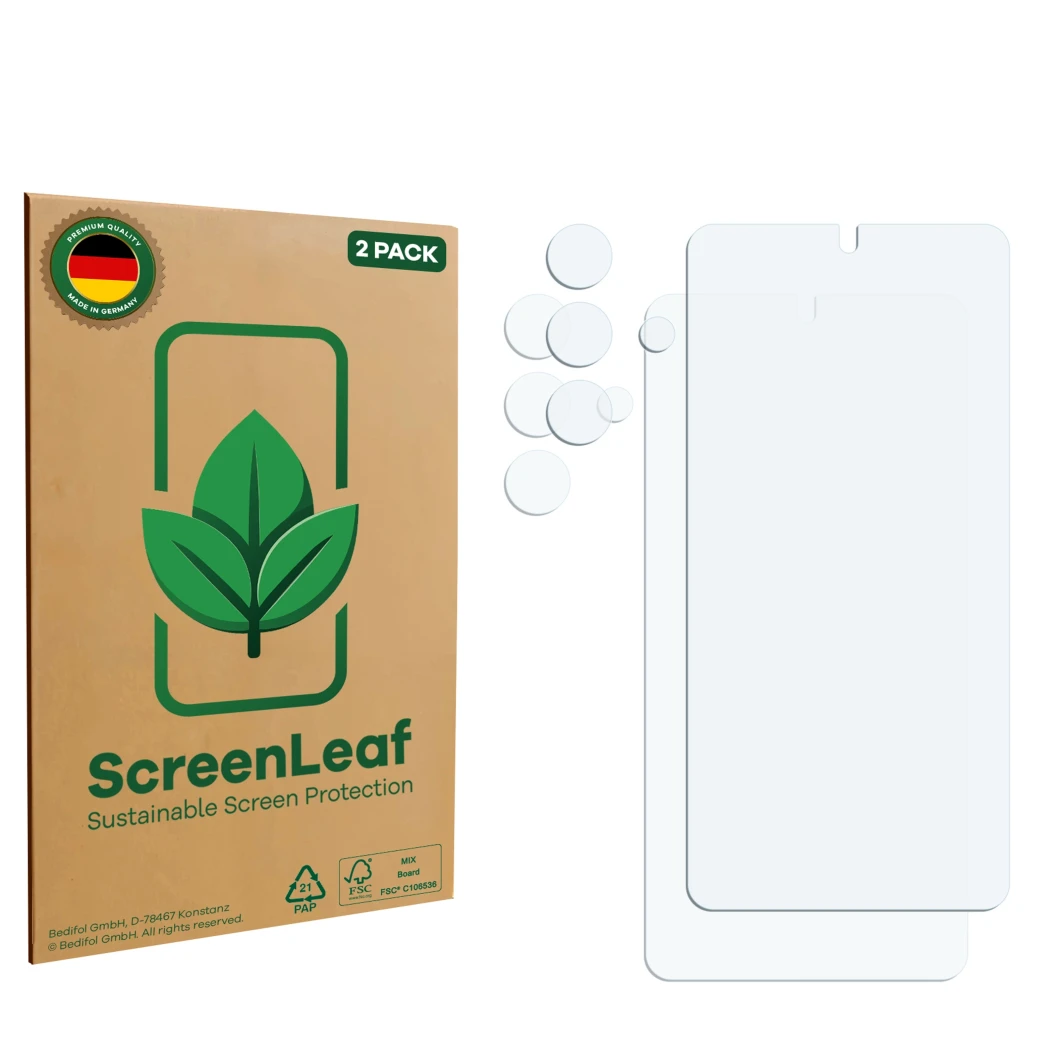 Vorderseite einer Produktverpackung mit dem Markenlogo ScreenLeaf. Daneben ist der zugehörige Displayschutz.