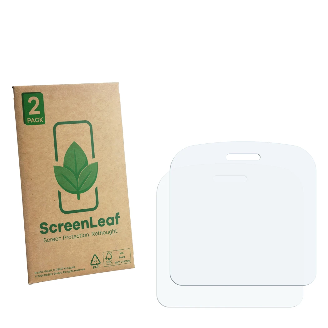 Vorderseite einer Produktverpackung mit dem Markenlogo ScreenLeaf. Daneben ist der zugehörige Displayschutz.