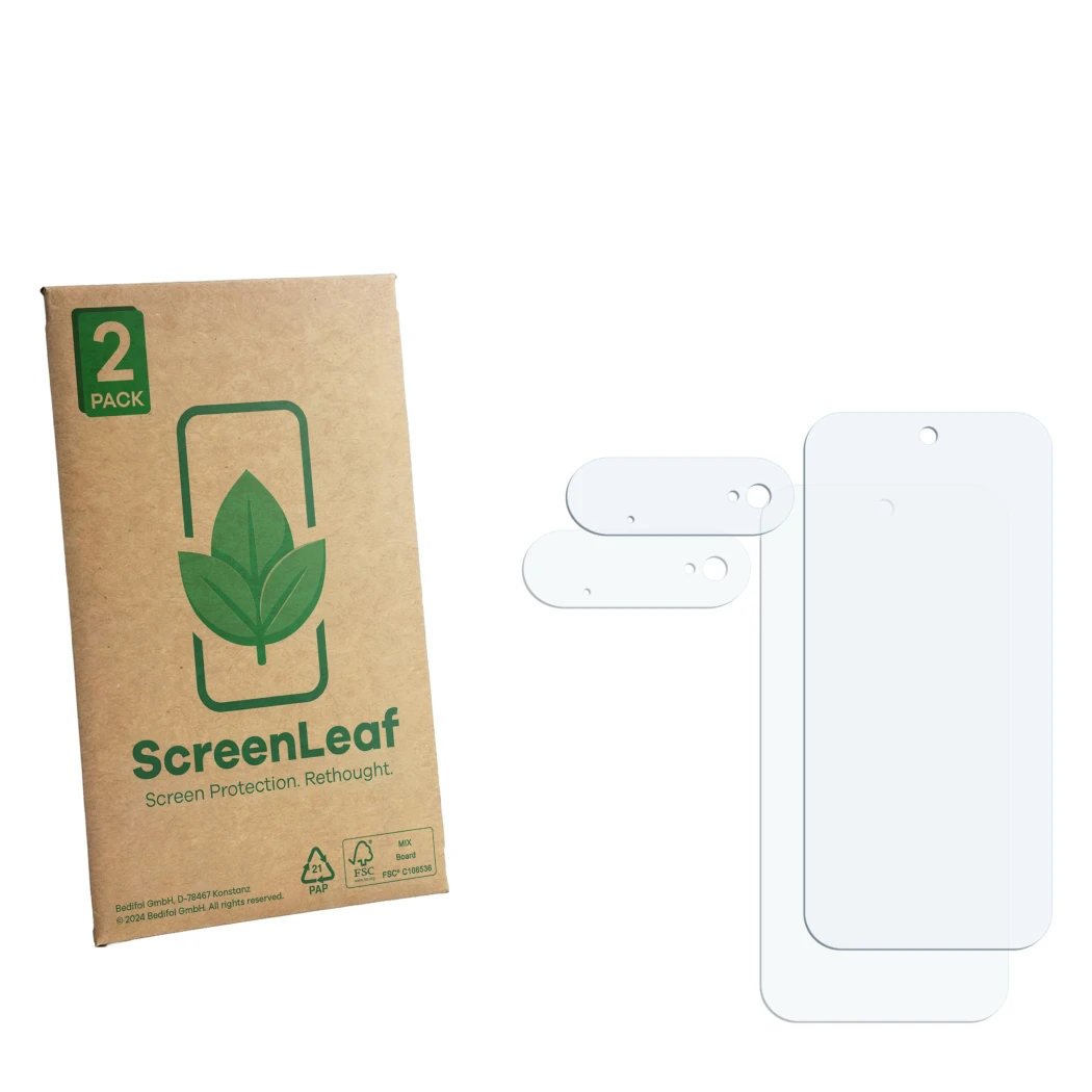 Vorderseite einer Produktverpackung mit dem Markenlogo ScreenLeaf. Daneben ist der zugehörige Displayschutz.