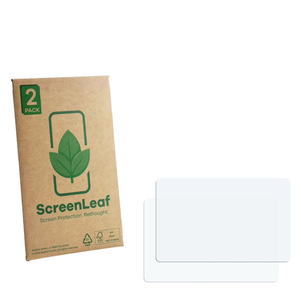 Vorderseite einer Produktverpackung mit dem Markenlogo ScreenLeaf. Daneben ist der zugehörige Displayschutz.