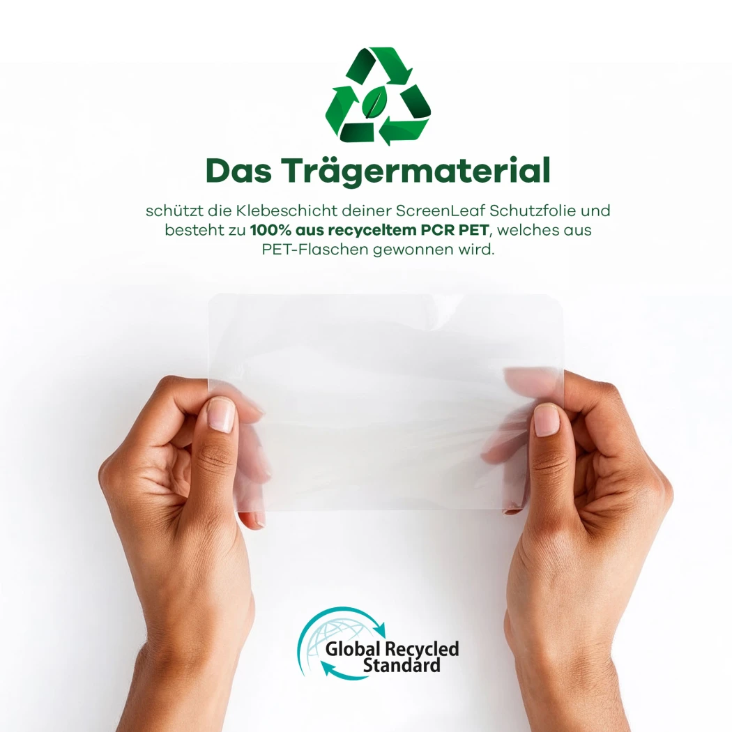 Informationen über das recycelte Trägermaterial, welches zu 100% aus recycletem PCR PET besteht. Unten ist das Logo der 