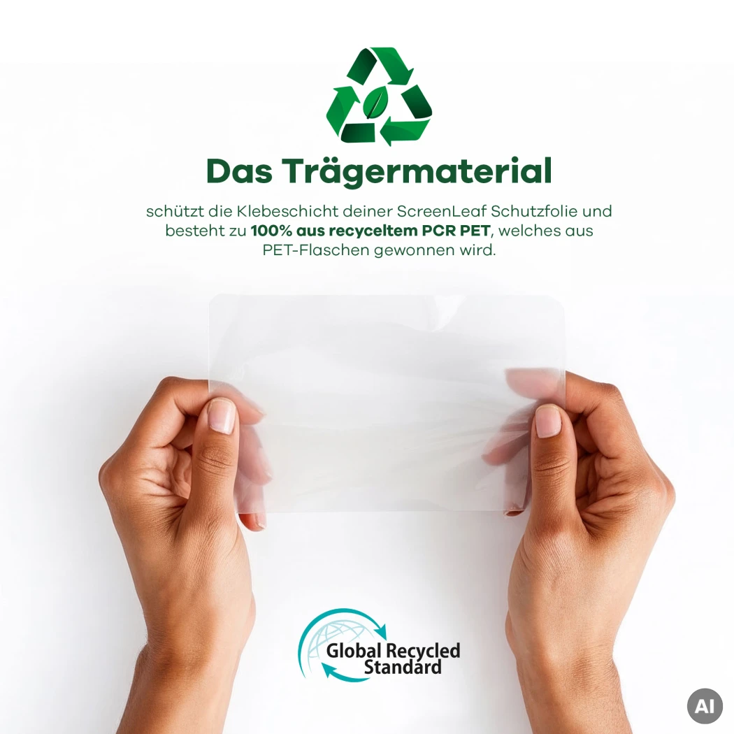 Informationen über das recycelte Trägermaterial, welches zu 100% aus recycletem PCR PET besteht. Unten ist das Logo der 