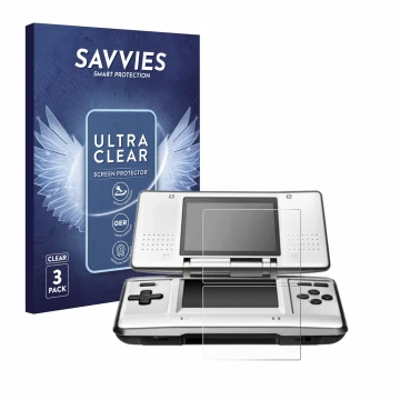 Vorderseite einer Produktverpackung mit dem Markenlogo Savvies. Daneben ist das Gerät Nintendo DS mit dem zugehörigen Displays