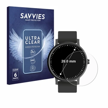 Vorderseite einer Produktverpackung mit dem Markenlogo Savvies. Daneben ist das Gerät Armbanduhren (Kreisrund, ø: 20 mm) mit d